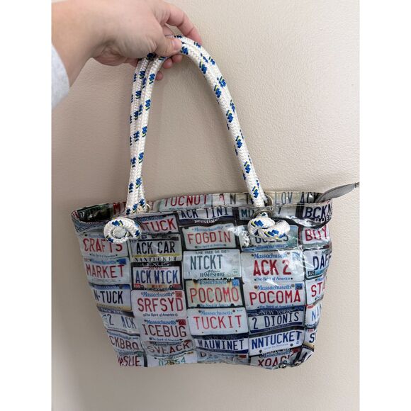 Rare Tricia Deck Nantucket License Plate Tote - Nautical Rope Handle Bag - Picture 2 of 12